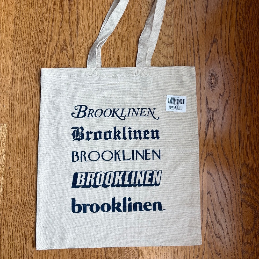 The Brooklinen Tote tan navy reusable bag